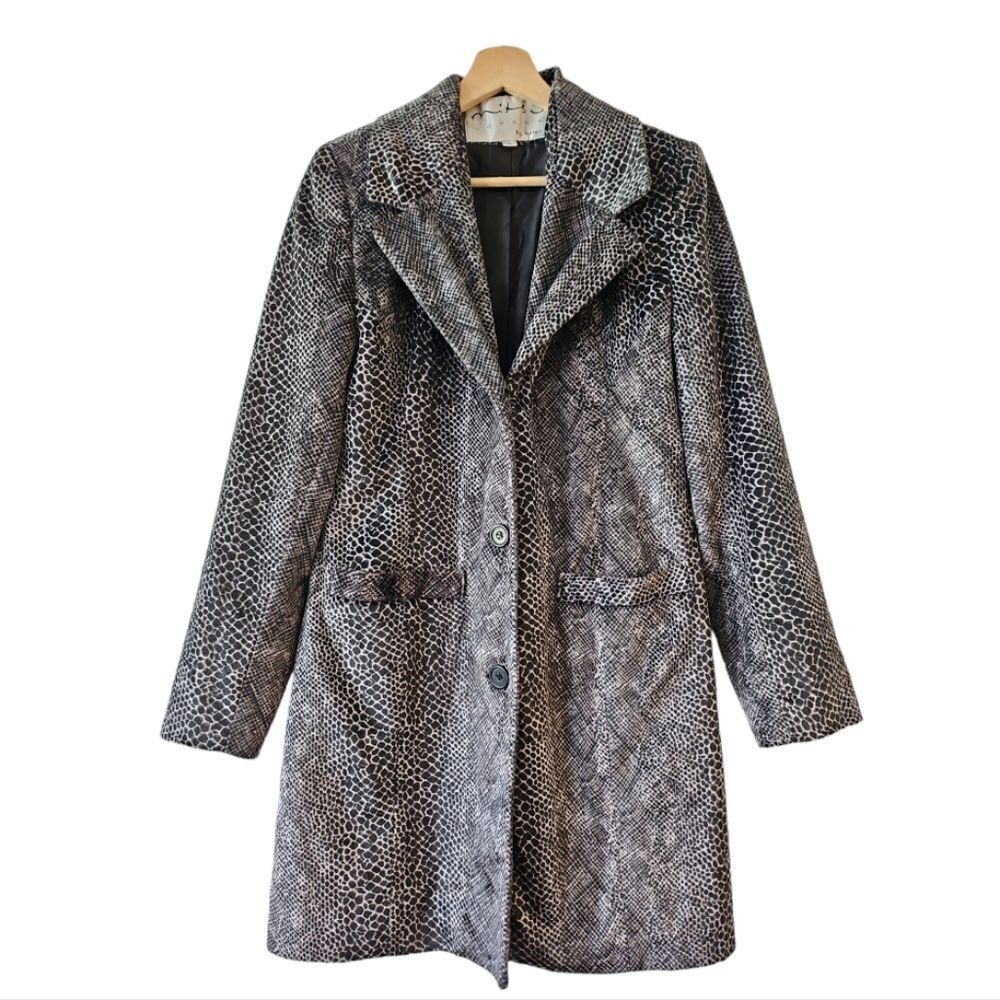 Mitsu London by Adler Gray Black Snake Velvety Buttons V Neck Trench Coat Size L